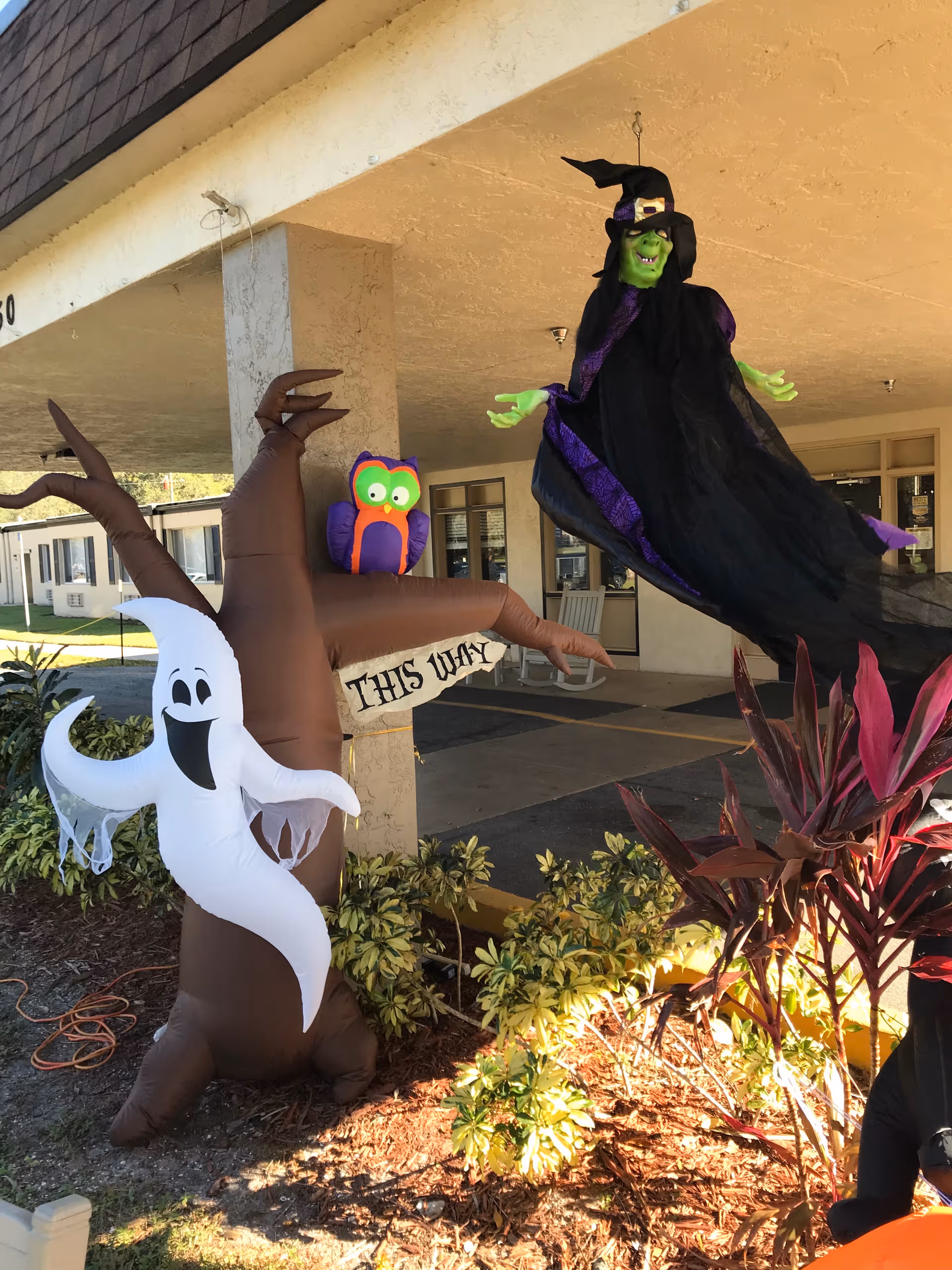 Exterior of LaBelle Health and Rehabilitation Center with Halloween inflatables and decorations