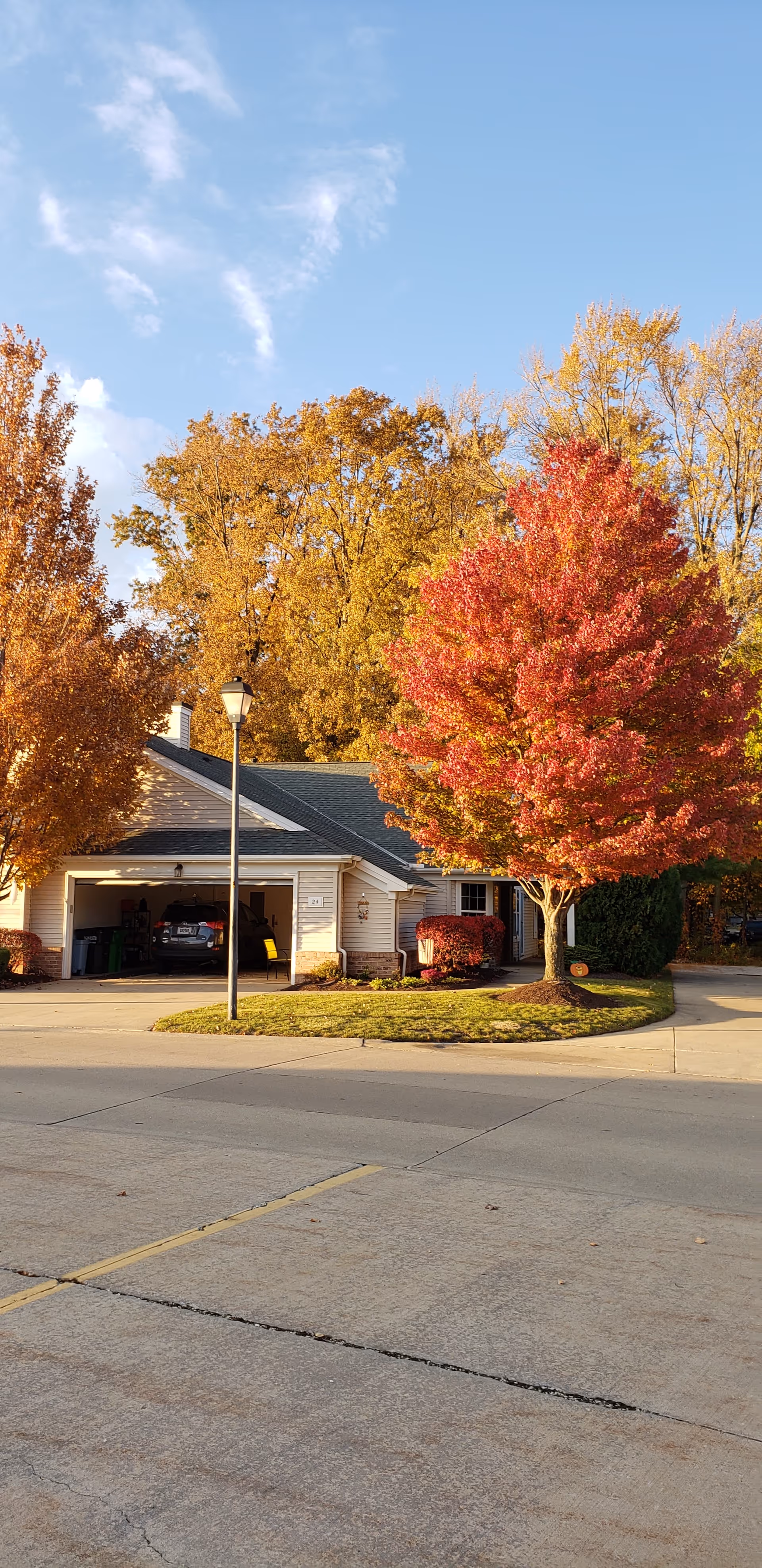 A single-story home with an open garage and colorful autumn trees nearby