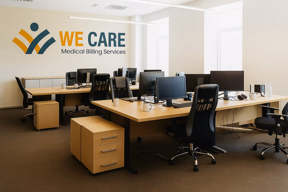 Open office space with multiple desks, computers, and a large We Care sign on the wall.