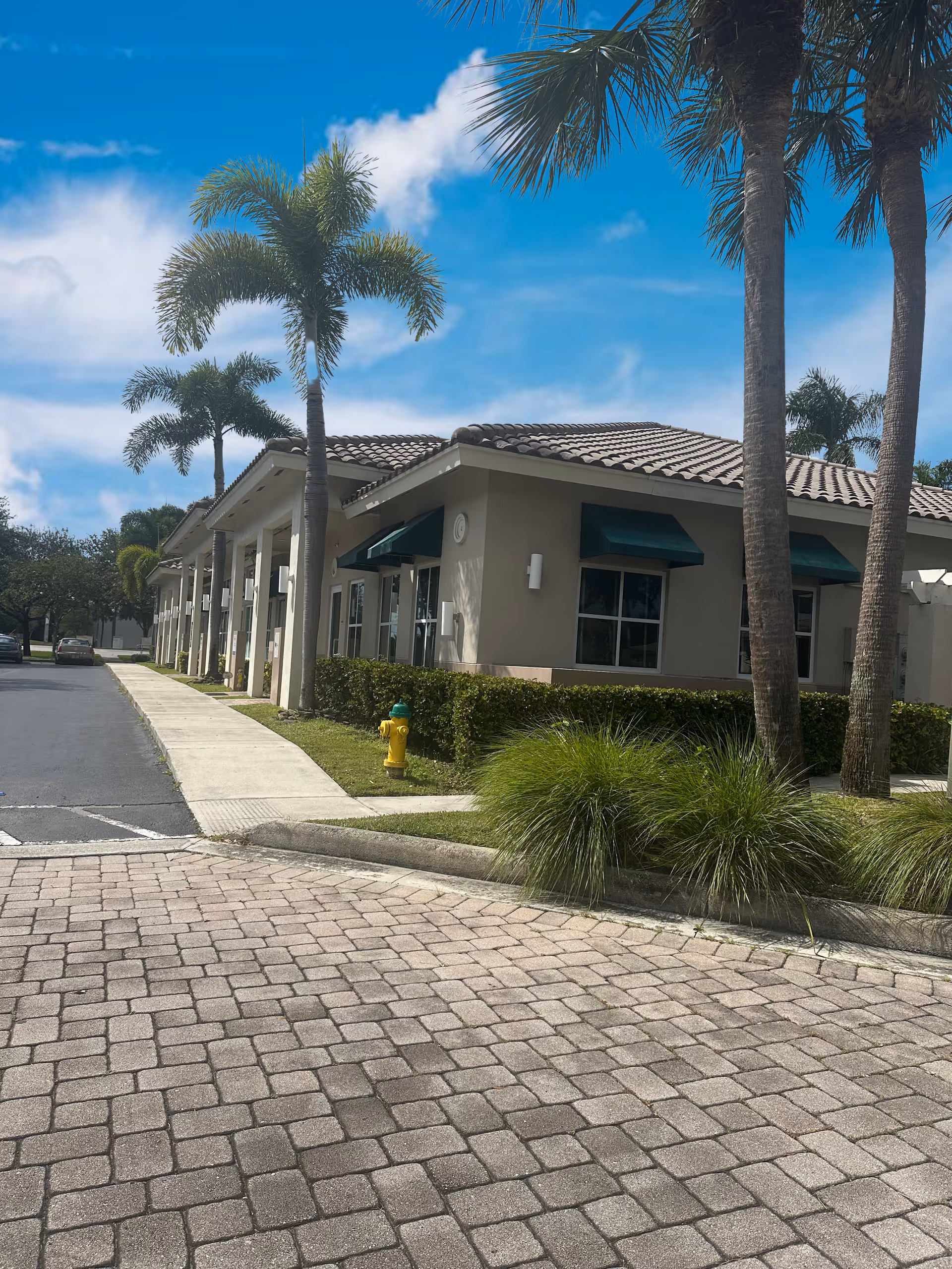 Exterior view of a single-story beige building with green awnings and palm trees.