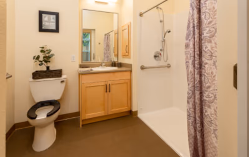 Clean bathroom with toilet, vanity, shower, and purple curtain in a senior living facility.