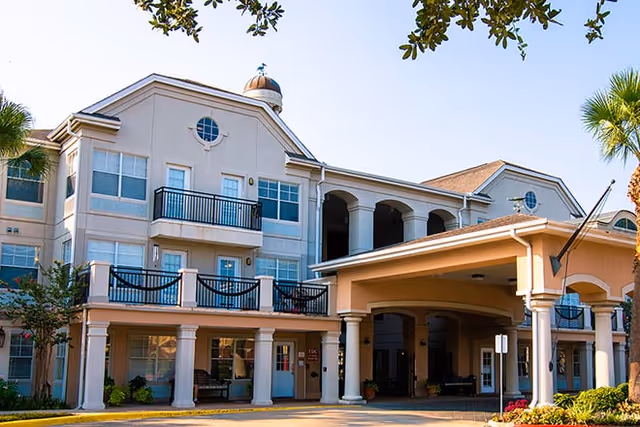 Senior living facility Brookdale Clear Lake exterior with balconies and a covered entrance.