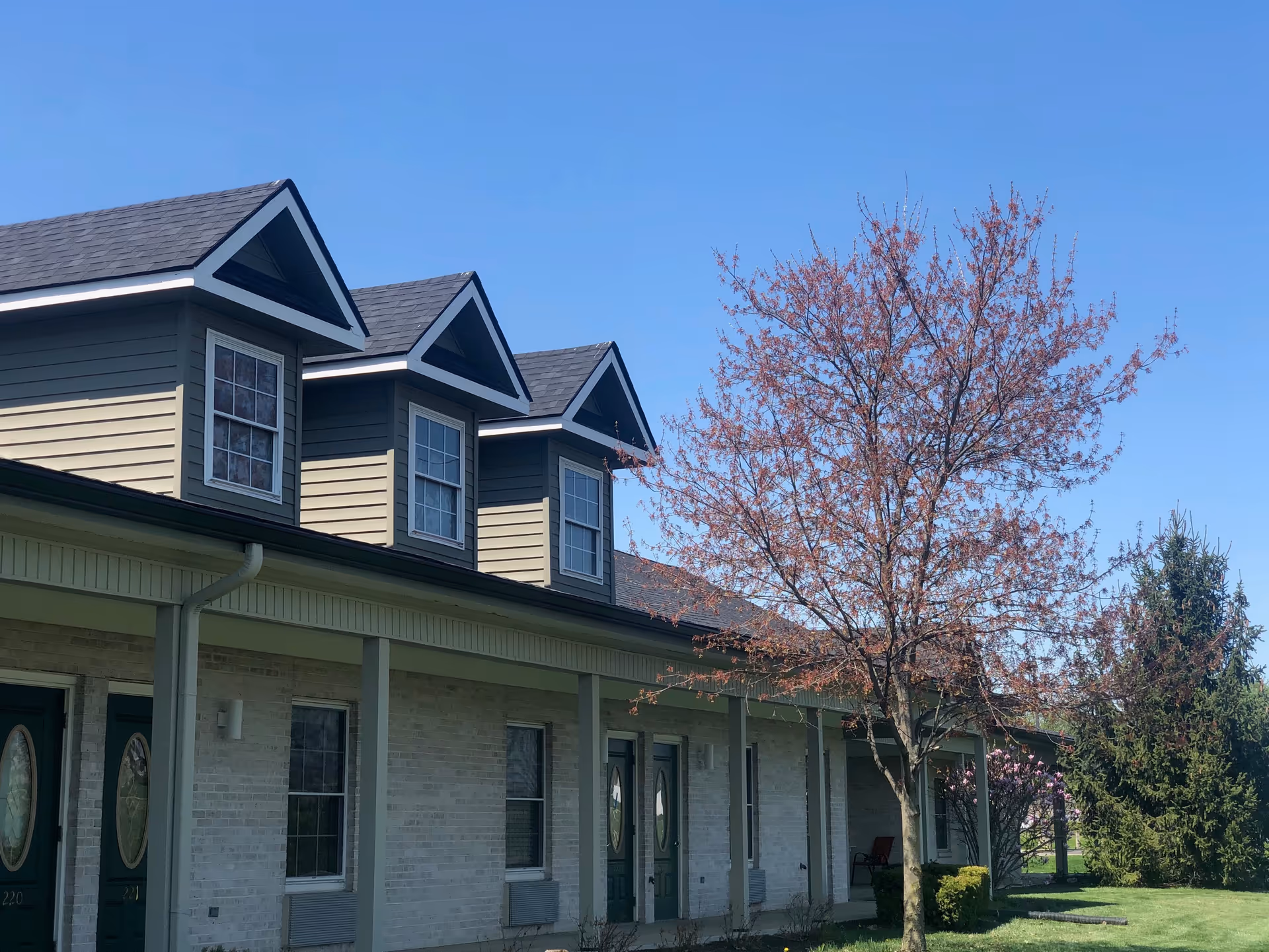 Senior living building exterior with dormer windows and a flowering tree under blue sky.