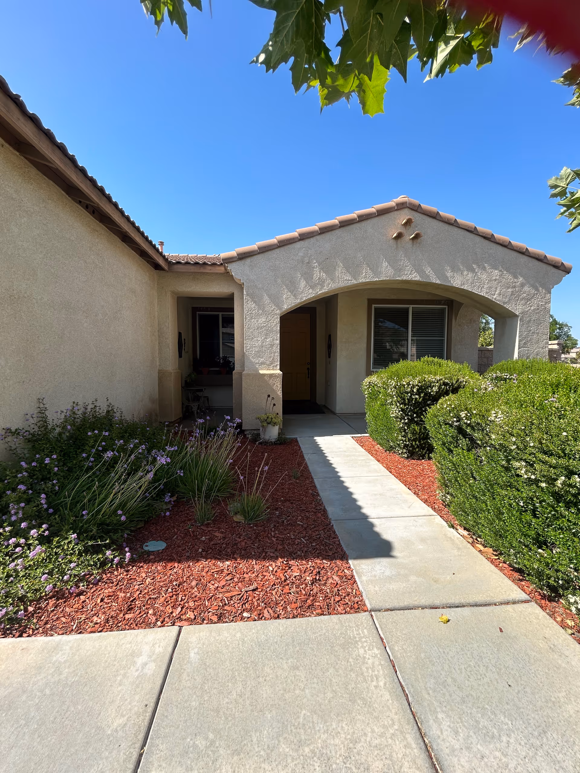 Front entrance of a beige stucco building with a walkway and trimmed hedges.