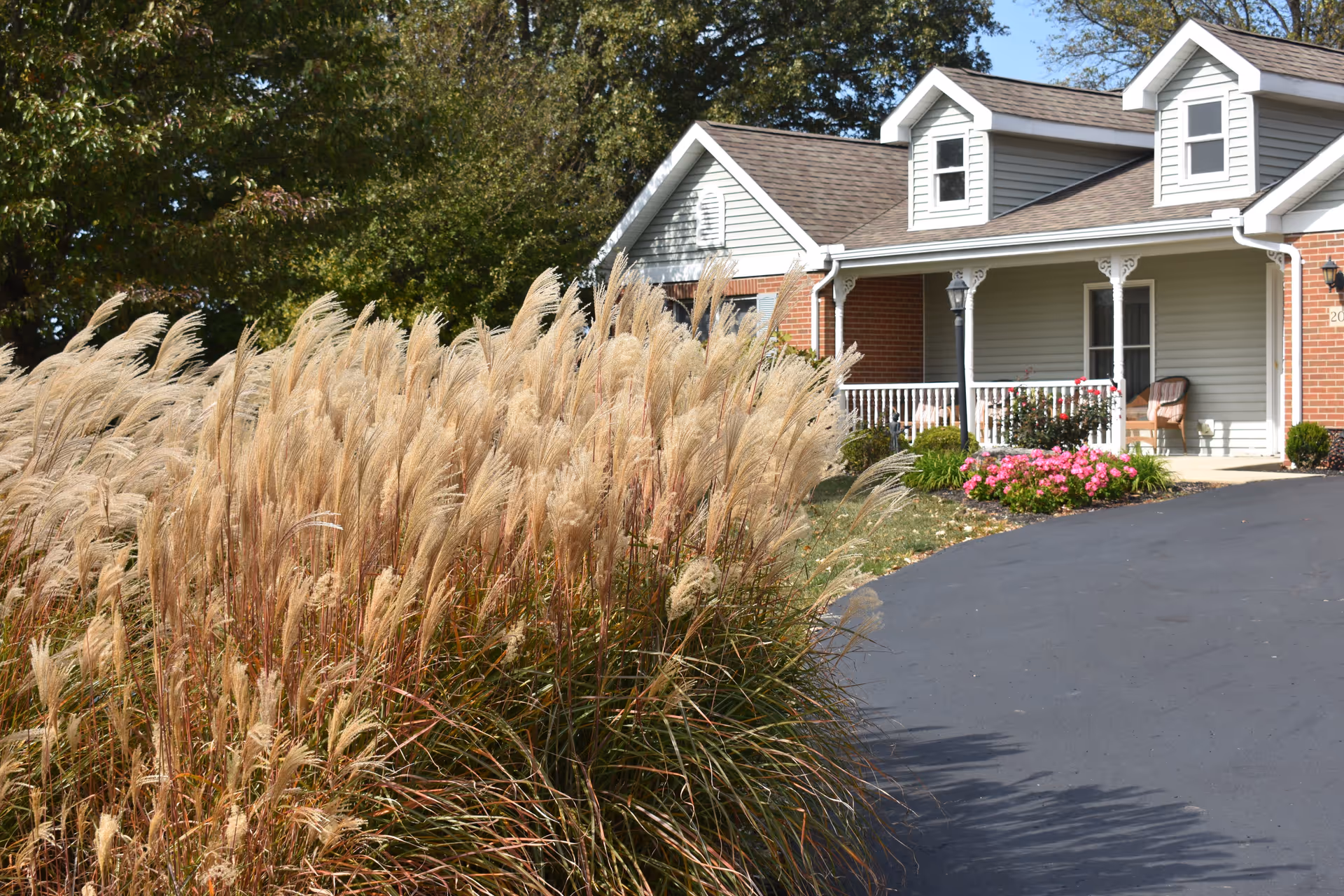 Exterior view of a residential-style building with a porch, surrounded by ornamental grasses and flowering plants, under a clear sky.