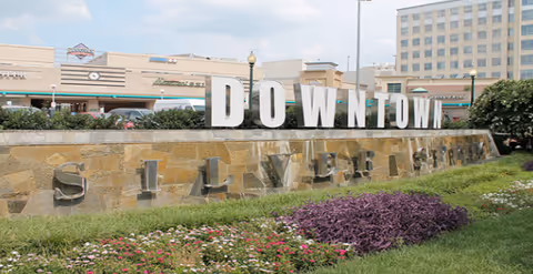Exterior sign reading DOWNTOWN SILVER SPRING with stone wall and landscaped flowers.