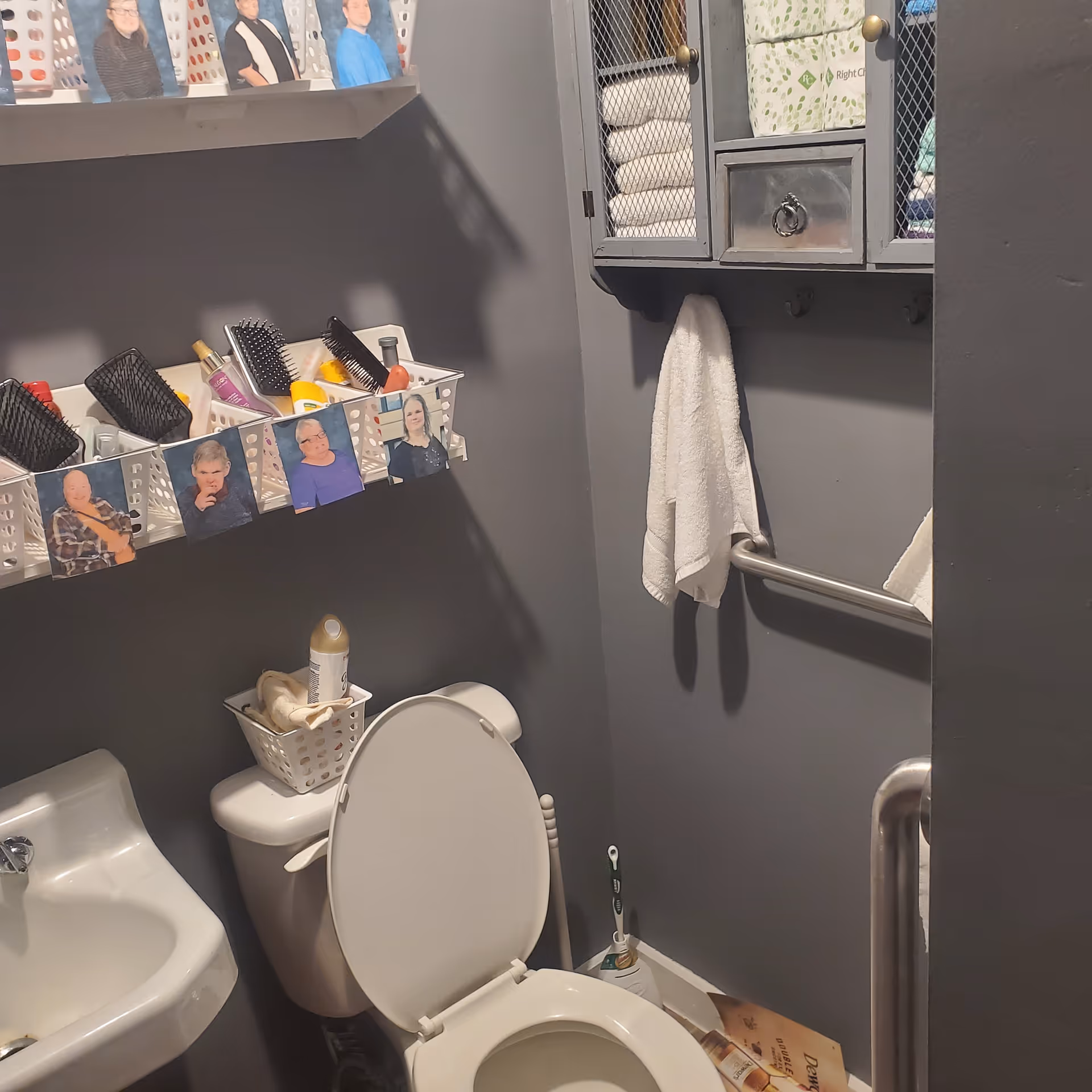 Gray bathroom featuring toilet, sink, towel bar, and shelves with personal care items.