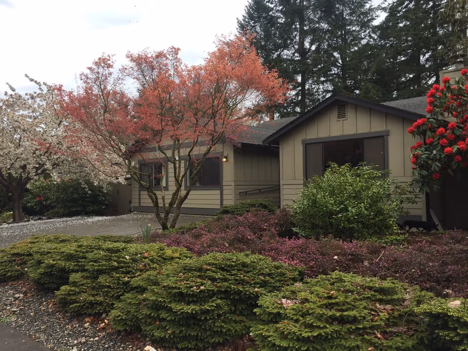 Front exterior of Brooks Blessings Adult Family Home with blooming trees and shrubs