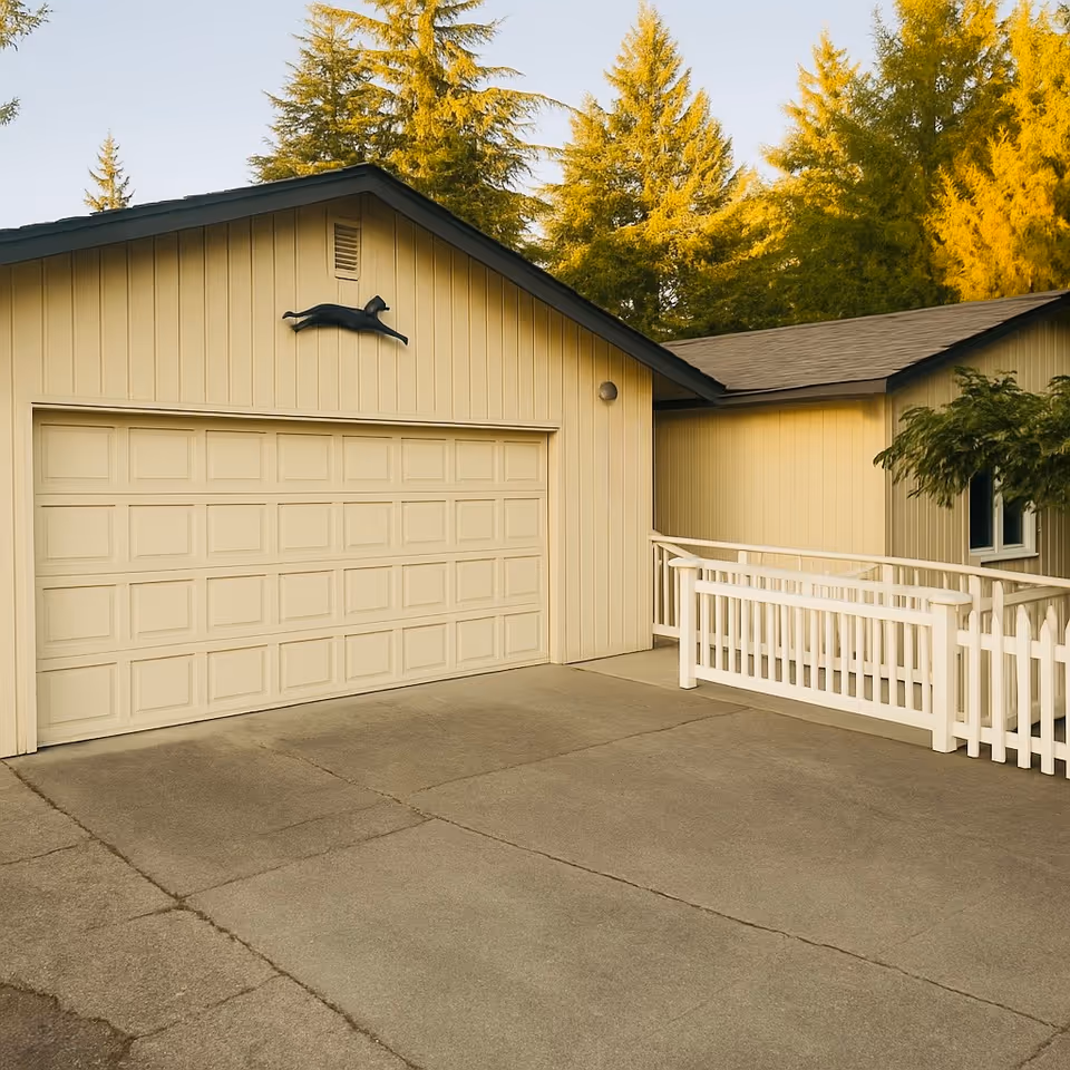 Light beige senior home exterior with a closed garage door, white railing, and a cat sculpture.
