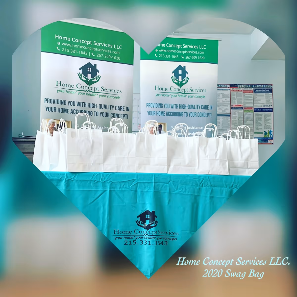 Promotional display with Home Concept Services banners and white gift bags on a teal table.