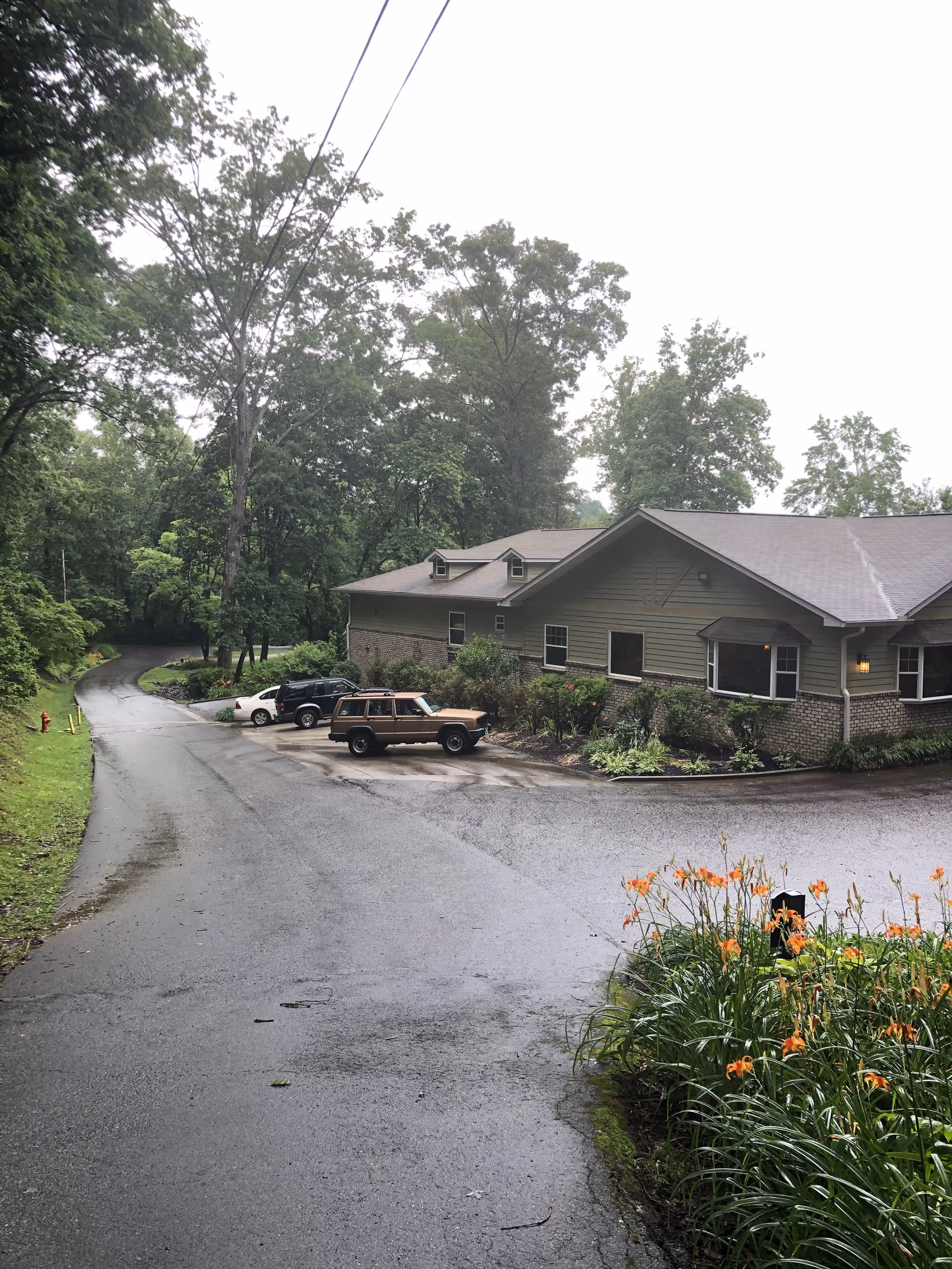 Front of a single-story care center building beside a wet driveway with parked cars, trees, and orange flowers in the foreground.
