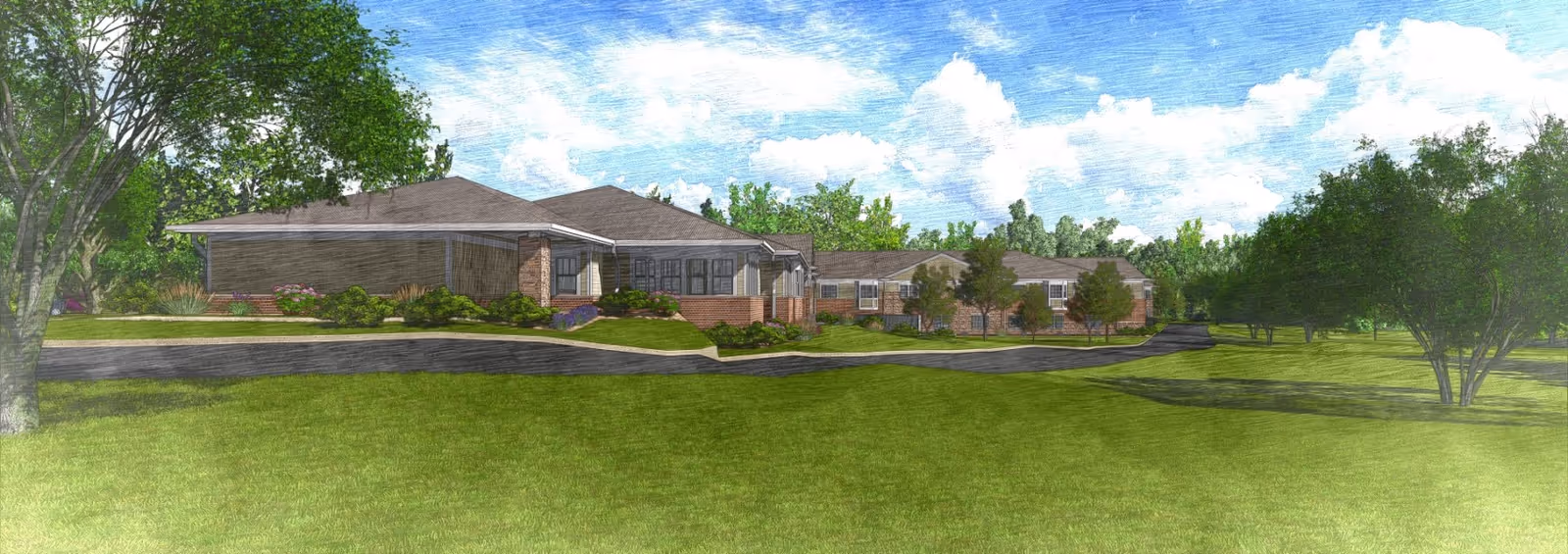 Sketch-style exterior view of a single-story brick senior living building with a driveway, landscaped lawn, and trees.