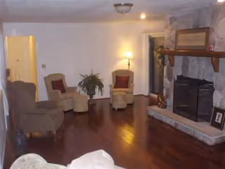 Living room at Chateau of Novi with fireplace, armchairs, and plants.