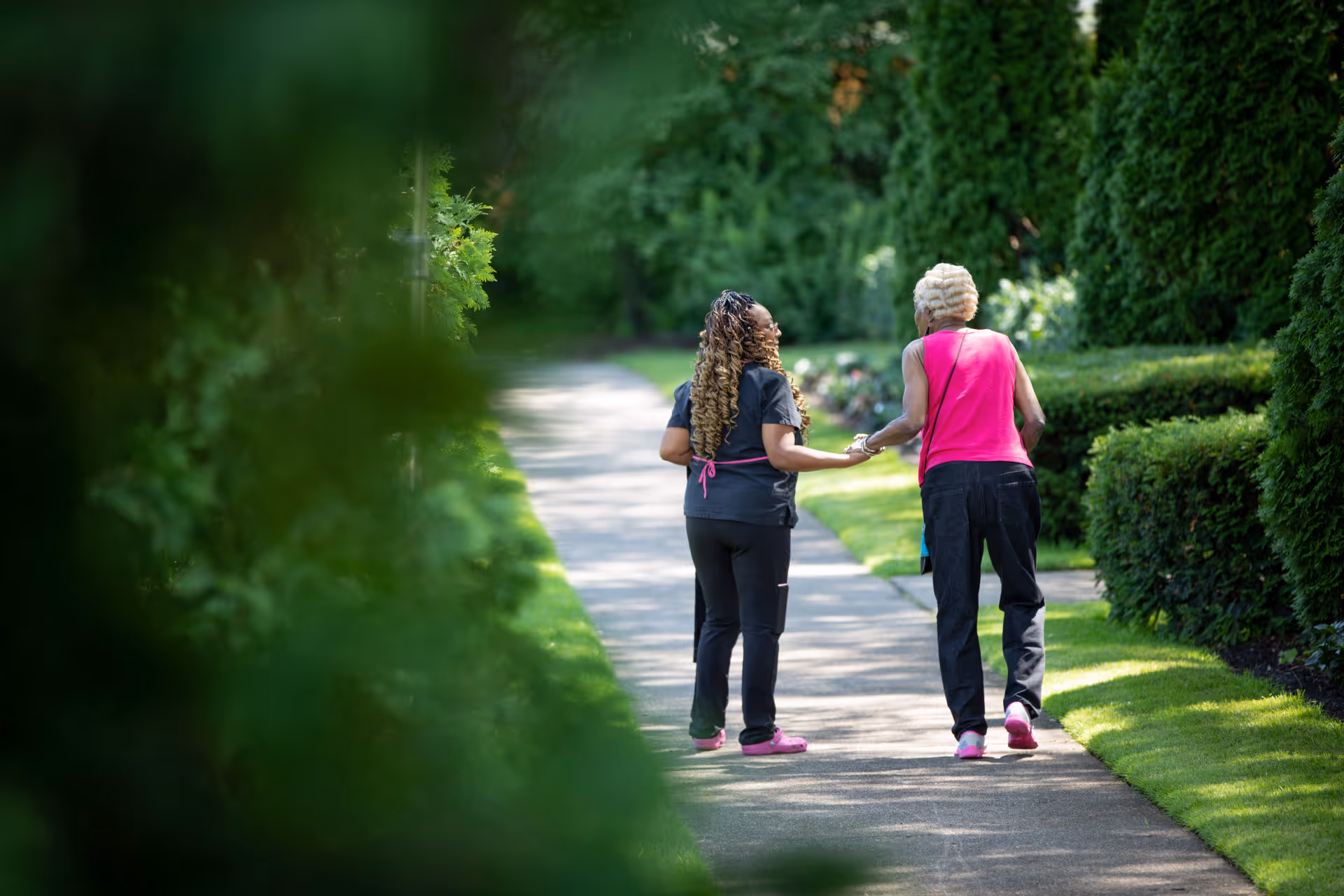 Two people walk along a sunny garden path bordered by hedges.