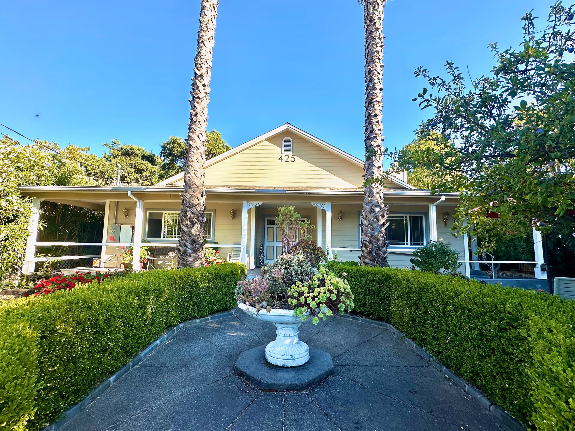 Front view of a single-story senior living home with two palm trees and hedges.