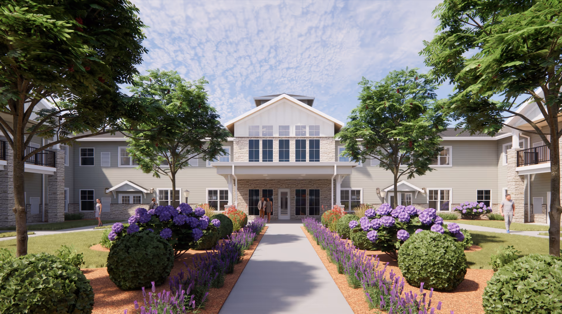 Front view of Cedarhurst Senior Living of Lincoln, a light-gray building with central entrance and courtyard.