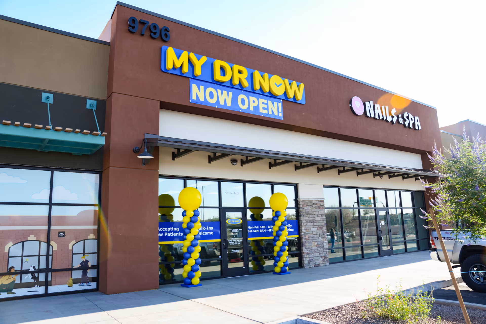 Exterior storefront of MY DR NOW with NOW OPEN banner and Nails and Spa signage.