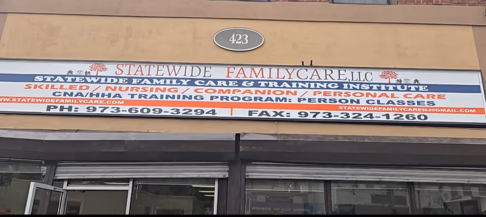 Exterior storefront for Statewide Family Care LLC & Training Institute with large sign