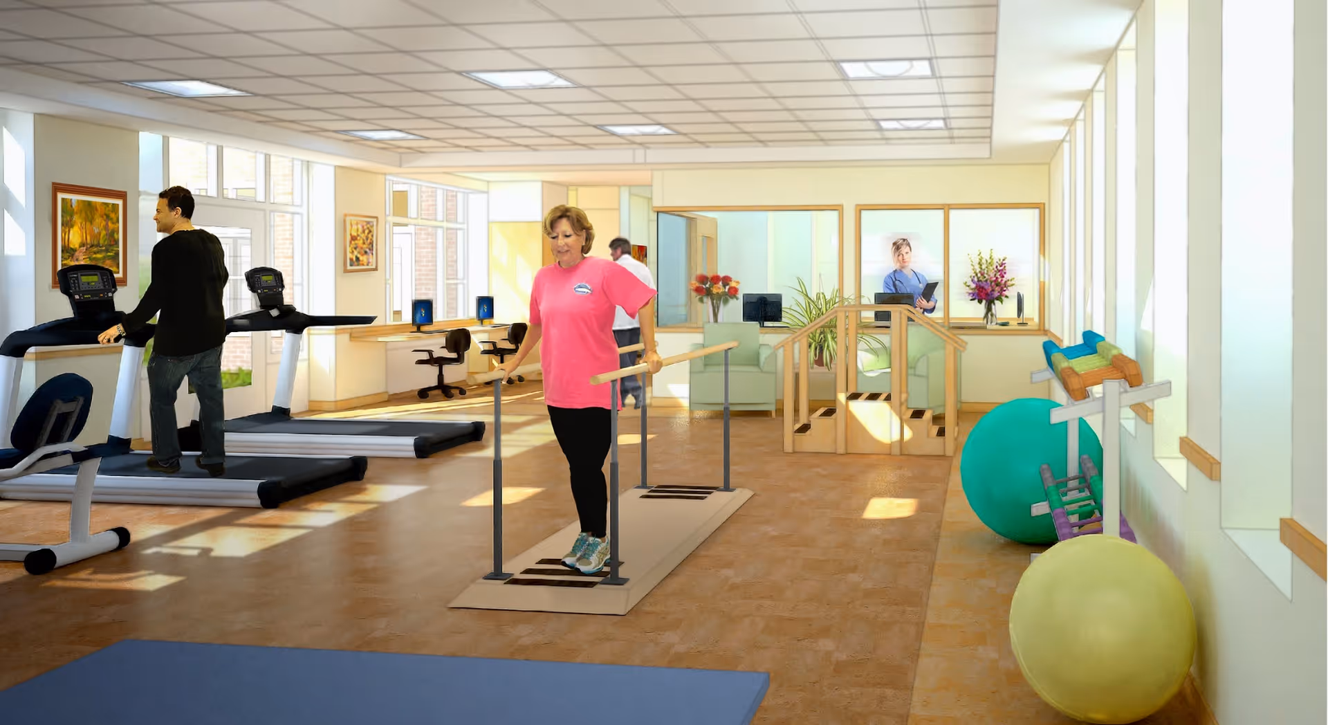 A bright exercise room in a senior living facility with two people using treadmills on the left and a woman walking on a parallel bar balance beam in the center. The room has large windows letting in natural light, exercise balls and weights on the right, and a seating area with a person sitting behind a glass partition in the background.