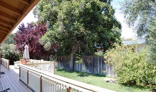 Wooden deck railing along a building, with trees and a grassy outdoor yard.