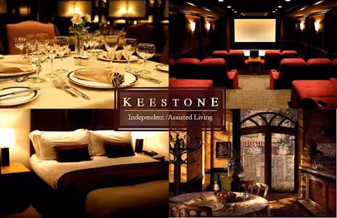 A collage of four images showing different areas of a senior living facility: a formal dining table set with plates, glasses, and silverware; a cozy theater room with red seats facing a large screen; a bedroom with a neatly made bed and pillows; and a rustic kitchen with a round table and large windows.