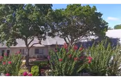 Exterior view of Palm Garden of Pinellas with trees and colorful garden.