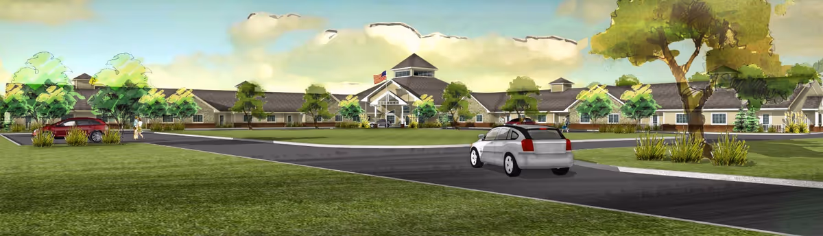 Exterior view of Bluebird Retirement Community building with cars and landscaping.