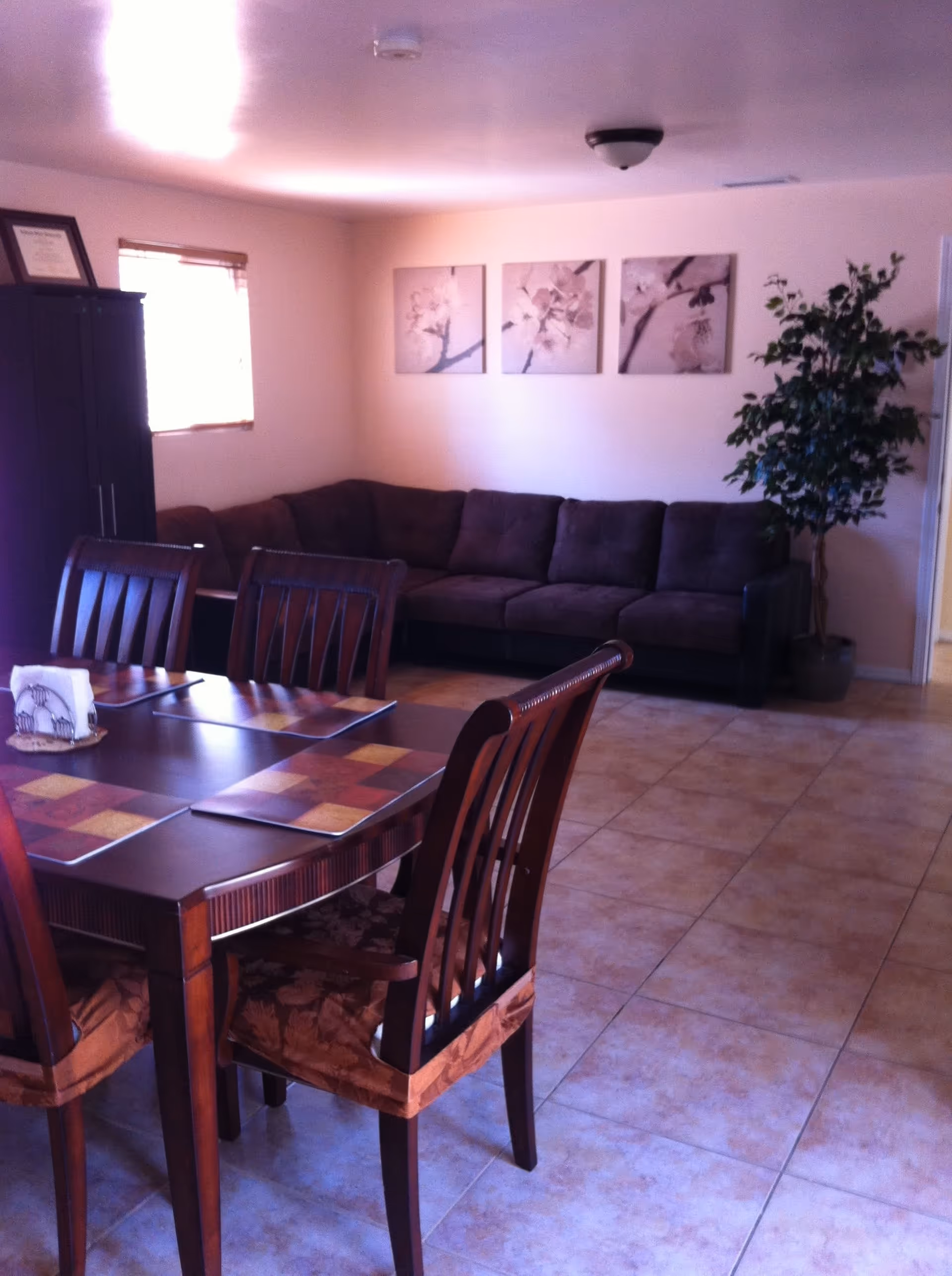 A cozy interior room featuring a dark brown sectional sofa against a light-colored wall adorned with three floral paintings. In the foreground, there is a wooden dining table with four chairs, each with patterned cushions. A potted plant is placed near the sofa, and a window with blinds is visible on the left side.