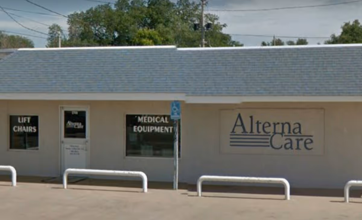 Exterior view of Alterna Care building with signage for lift chairs and medical equipment.