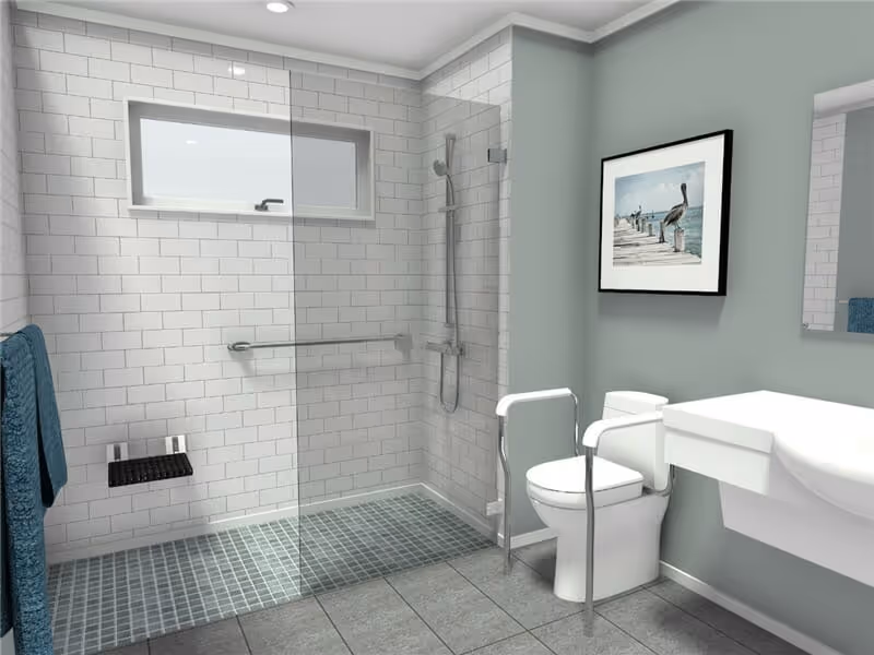 Accessible bathroom with walk-in shower, grab bars, toilet, and sink in a modern facility.