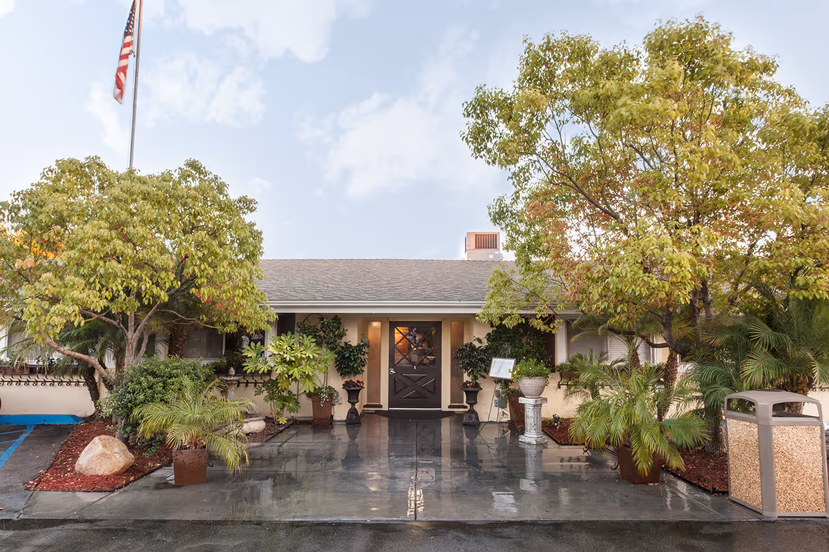 Entrance of a single-story healthcare building with a central dark door flanked by potted plants and trees, an American flag, and a wet concrete driveway.