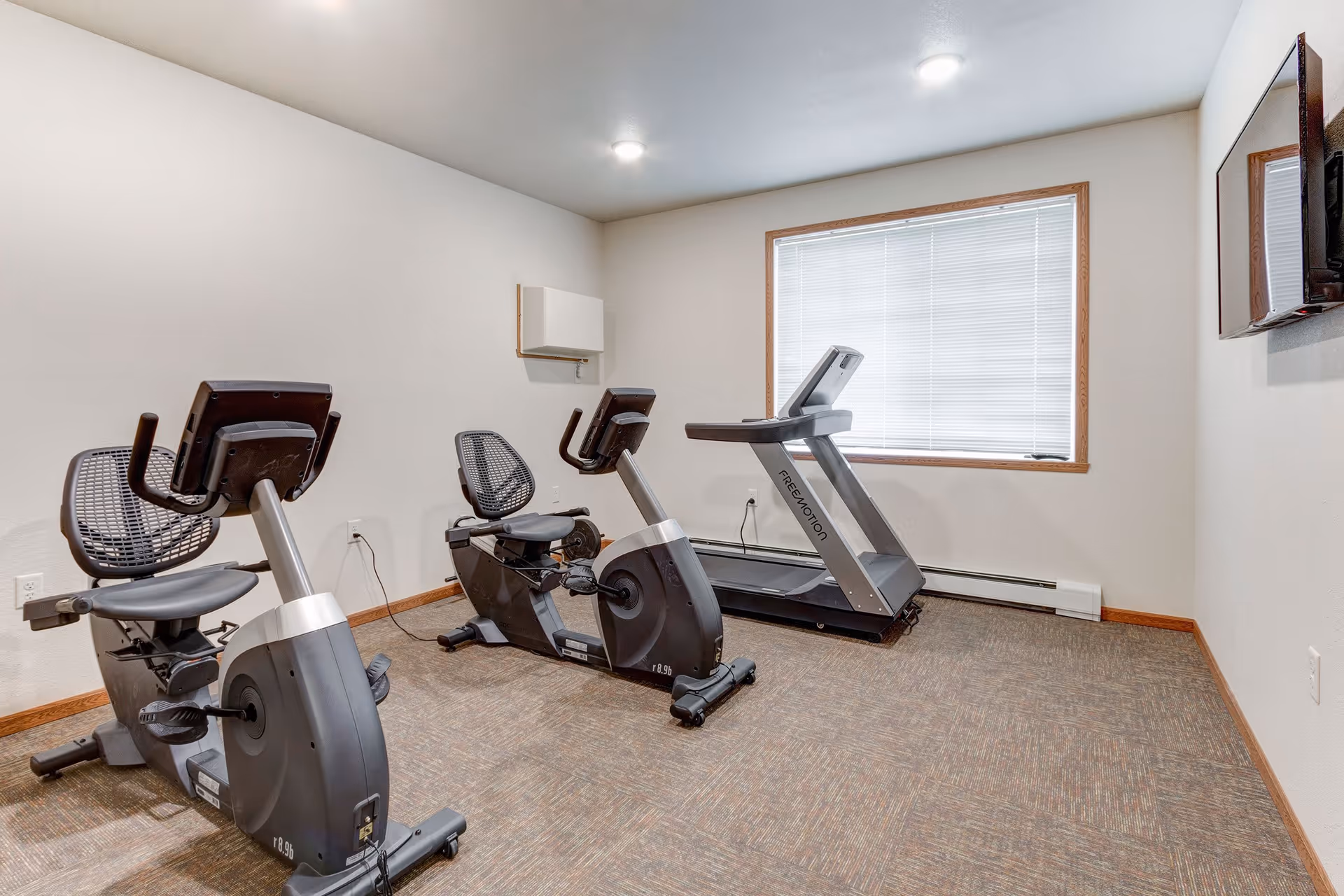 Small indoor fitness room with two recumbent exercise bikes and a treadmill in front of a window.