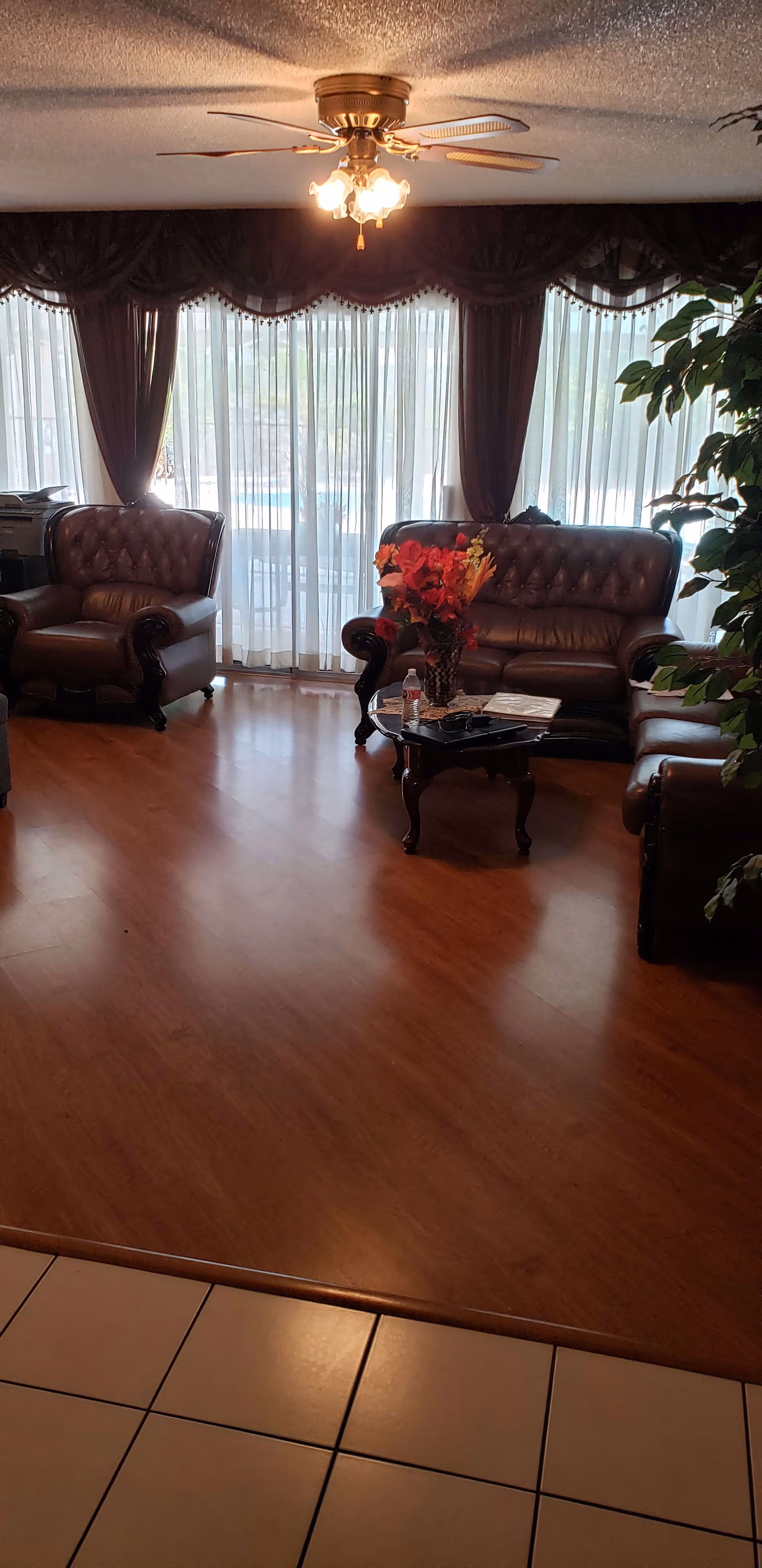 A cozy living room with brown leather armchairs and a matching loveseat arranged around a wooden coffee table with a vase of red and orange flowers. Sheer white curtains with dark brown drapes cover large windows in the background, and a ceiling fan with lights is mounted on the ceiling. The floor is a combination of wood and tile, and there is a large green plant on the right side.