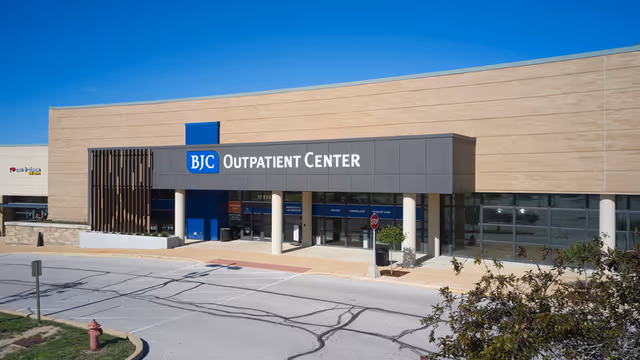 Front view of BJC Outpatient Center in Chesterfield with entrance and parking area.