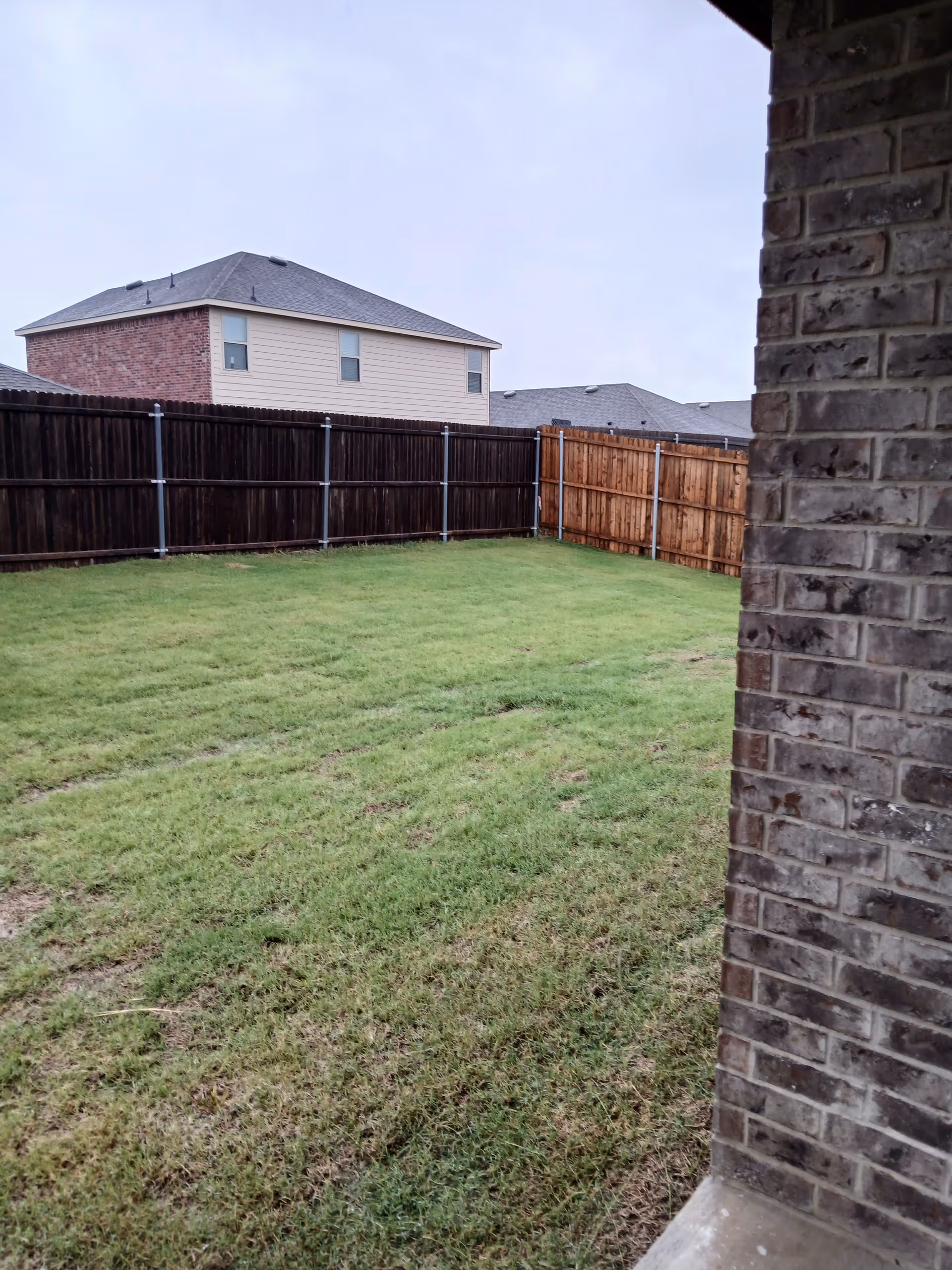 View of a grassy backyard with wooden fences and neighboring houses.