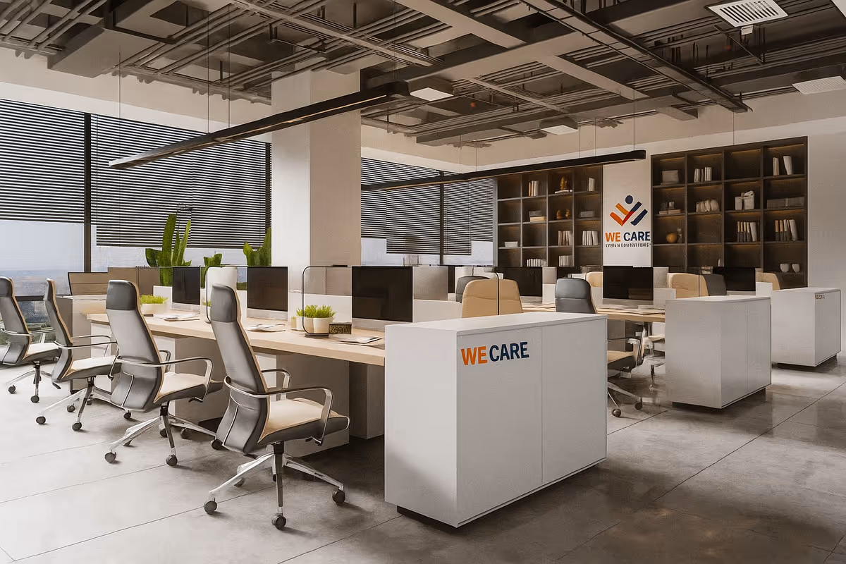 Open office space with workstations, modern chairs, and a WE CARE banner.