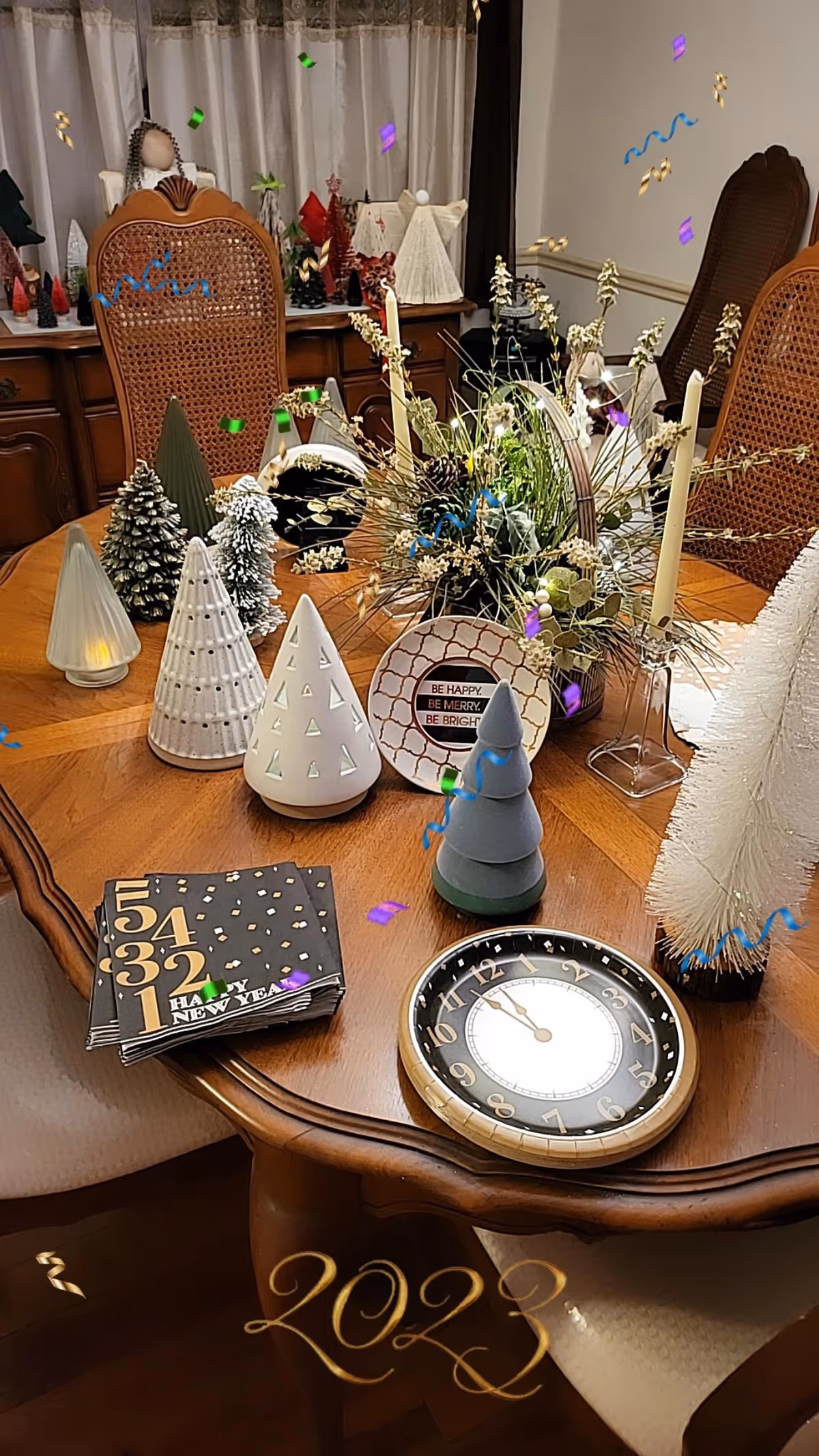 Holiday decorations on a wooden dining table in a care facility dining room.