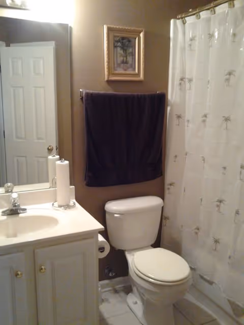 A small bathroom with sink, toilet, mirror, towel rack, and shower curtain.