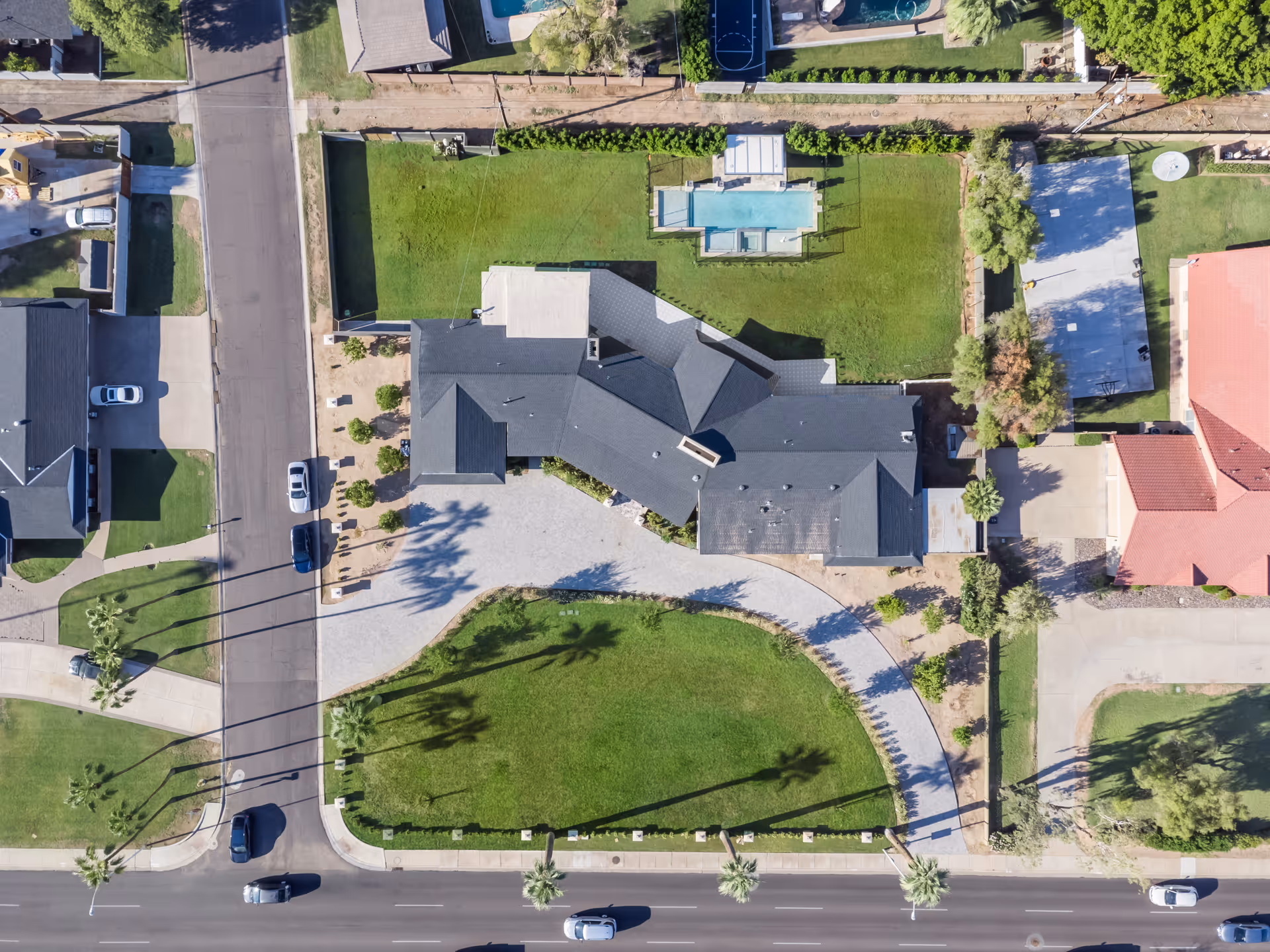 Aerial view of Liftimo Residential Assisted Living Arcadia with surrounding streets and lawn.