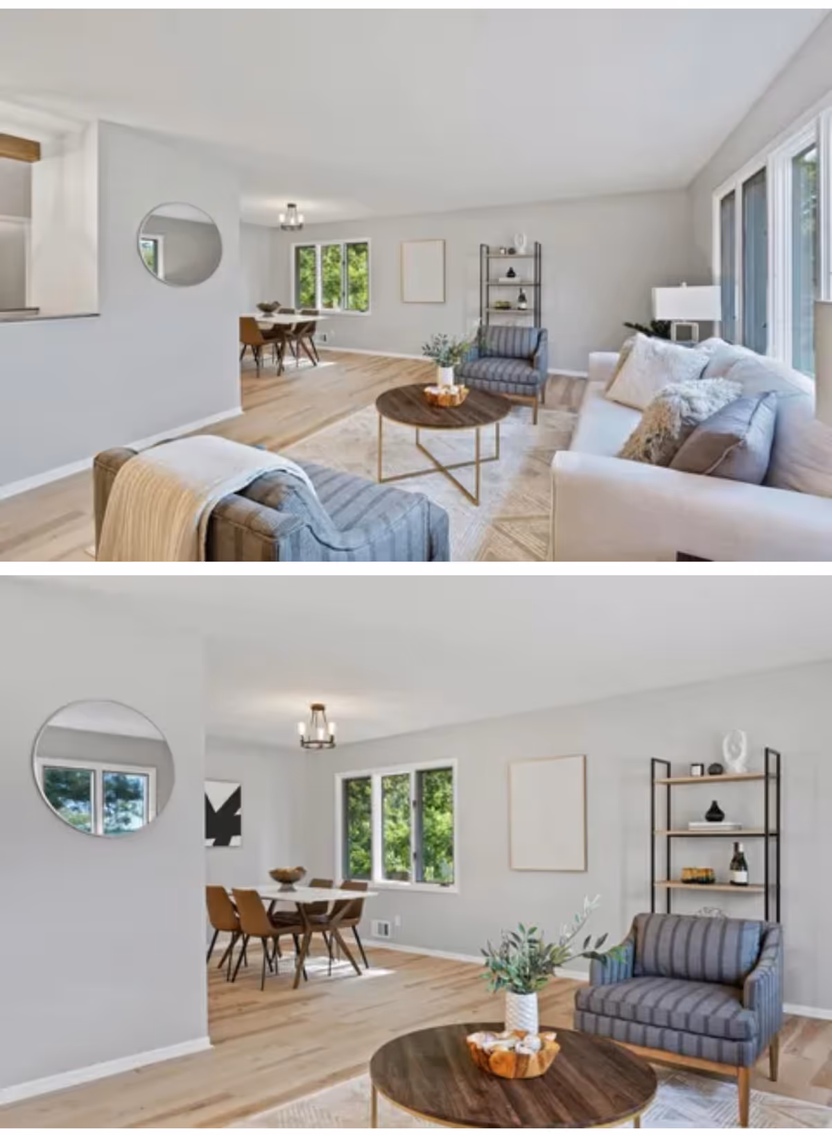 Bright open plan living room with sofas, coffee table, dining area, and large windows.