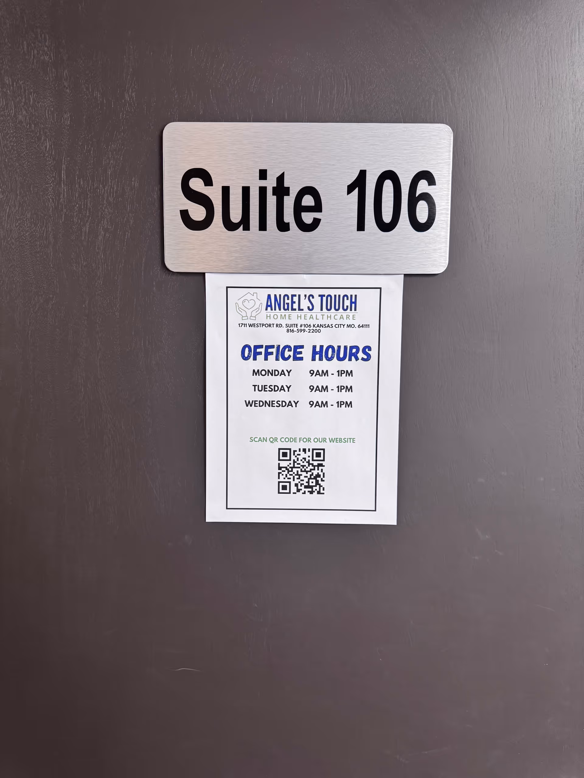 Door with Suite 106 sign and a flyer showing office hours for Angel's Touch Home Healthcare.