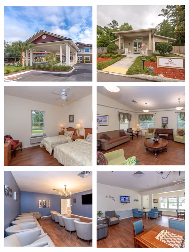 A collage of six images showing different views of Noble Gardens of Jacksonville - Assisted Living Facility. Top left shows the facility's covered entrance with a driveway and palm trees under a partly cloudy sky. Top right shows a single-story building entrance with a walkway, landscaping, and a sign for Noble Gardens. Middle left shows a bedroom with two twin beds, bedside tables with lamps, a window, and a ceiling fan. Middle right shows a living room with sofas, armchairs, a coffee table, lamps, and framed pictures on the walls. Bottom left shows a lounge area with multiple white armchairs arranged in rows against a blue accent wall with a chandelier. Bottom right shows a common area with seating, tables, a chessboard, a TV mounted on the wall, and large windows letting in natural light.