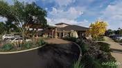 Exterior view of a senior living facility entrance with a covered circular driveway, landscaping, and parked cars under a partly cloudy sky.