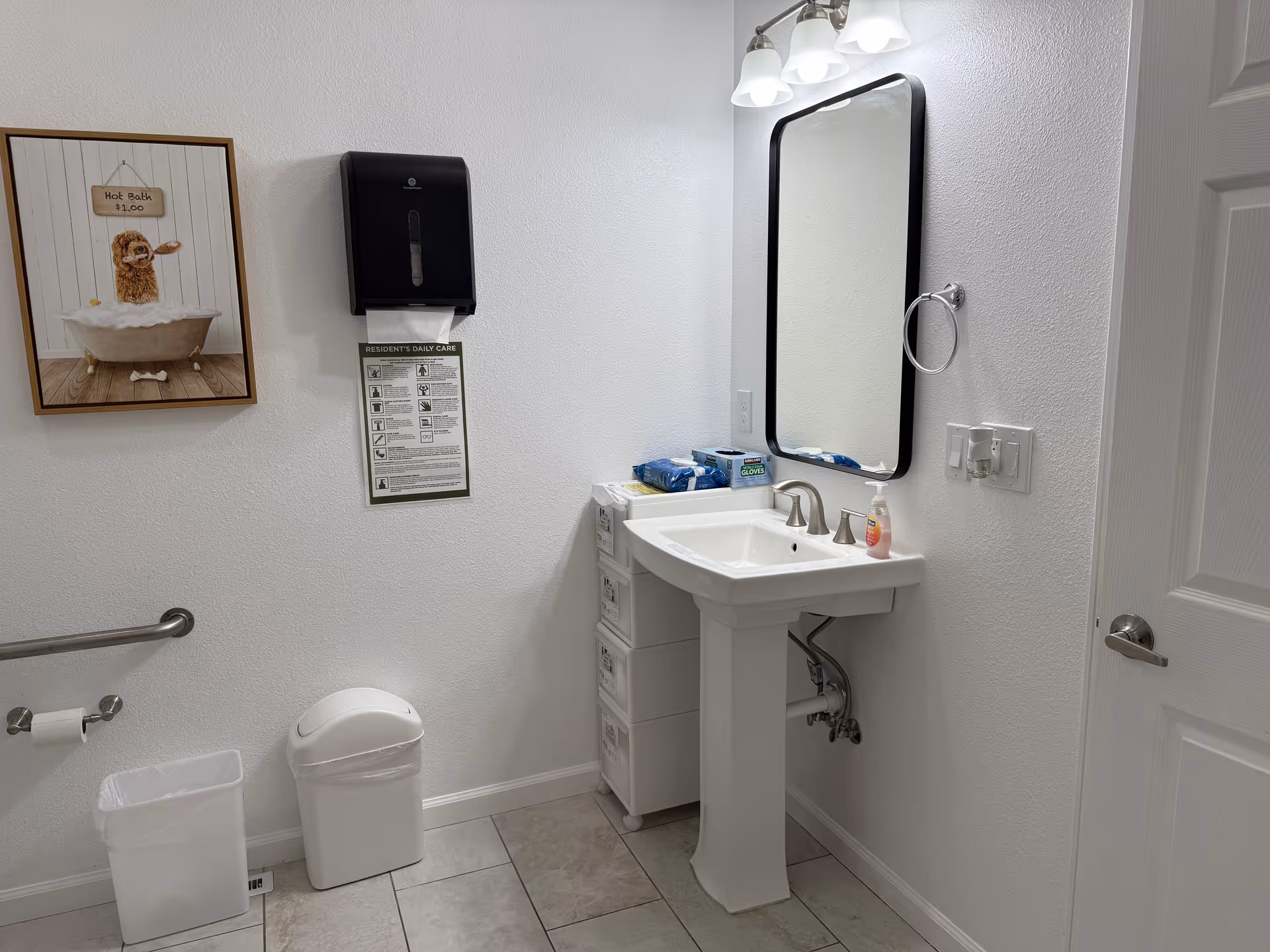 Senior living facility bathroom with pedestal sink, mirror, towel ring, trash can, and framed dog poster.