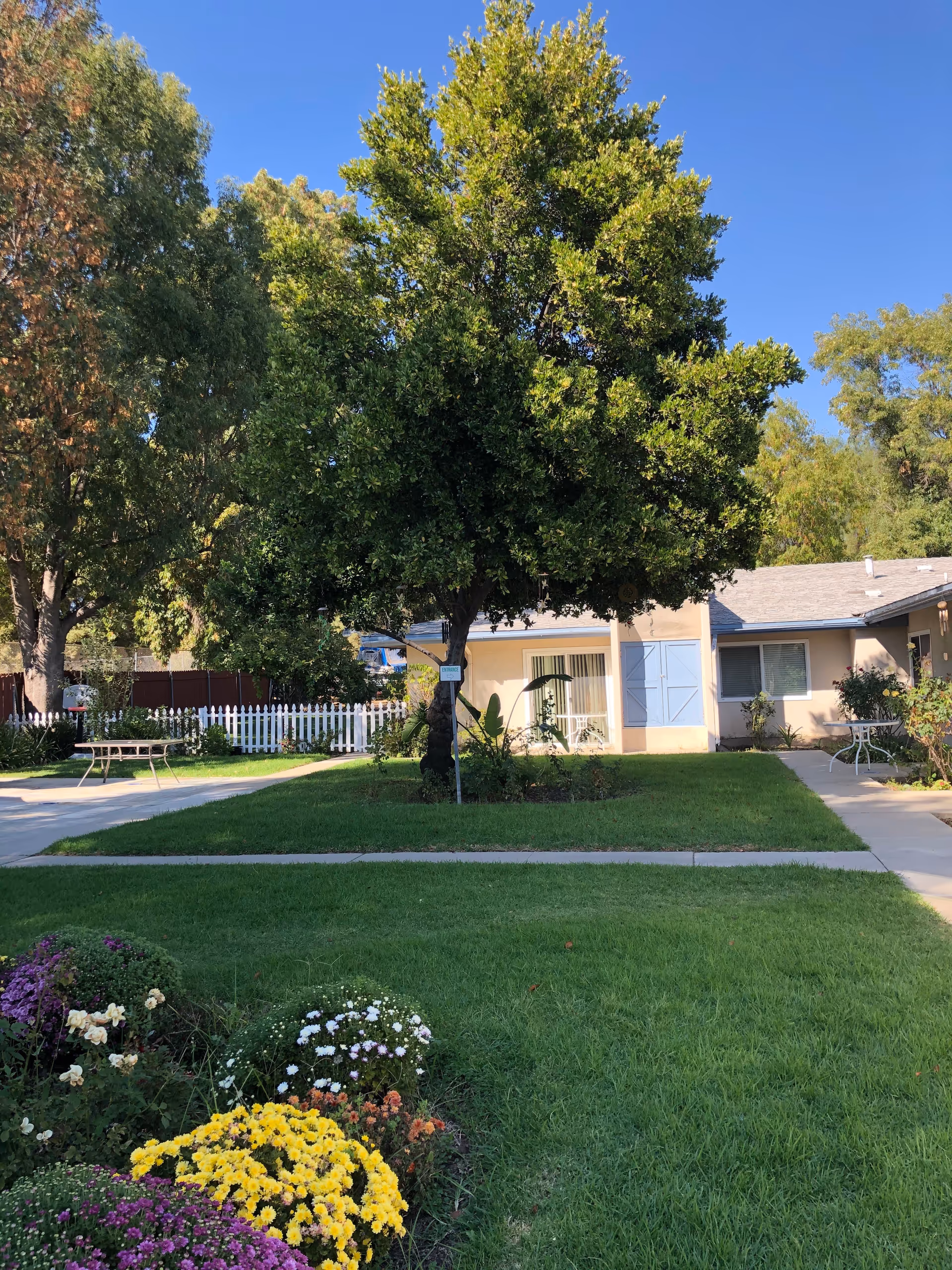 Exterior view of a single-story senior living facility with trees and flowers.