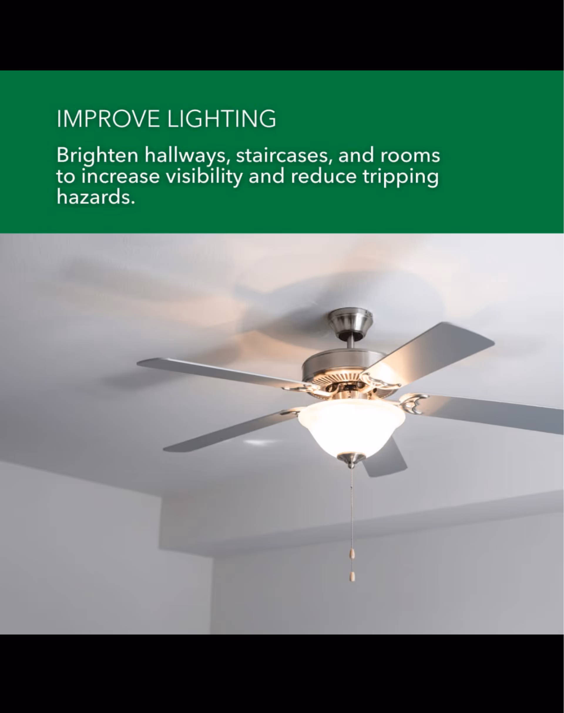 Ceiling fan with light in a white room, overlaid by a green promotional banner.