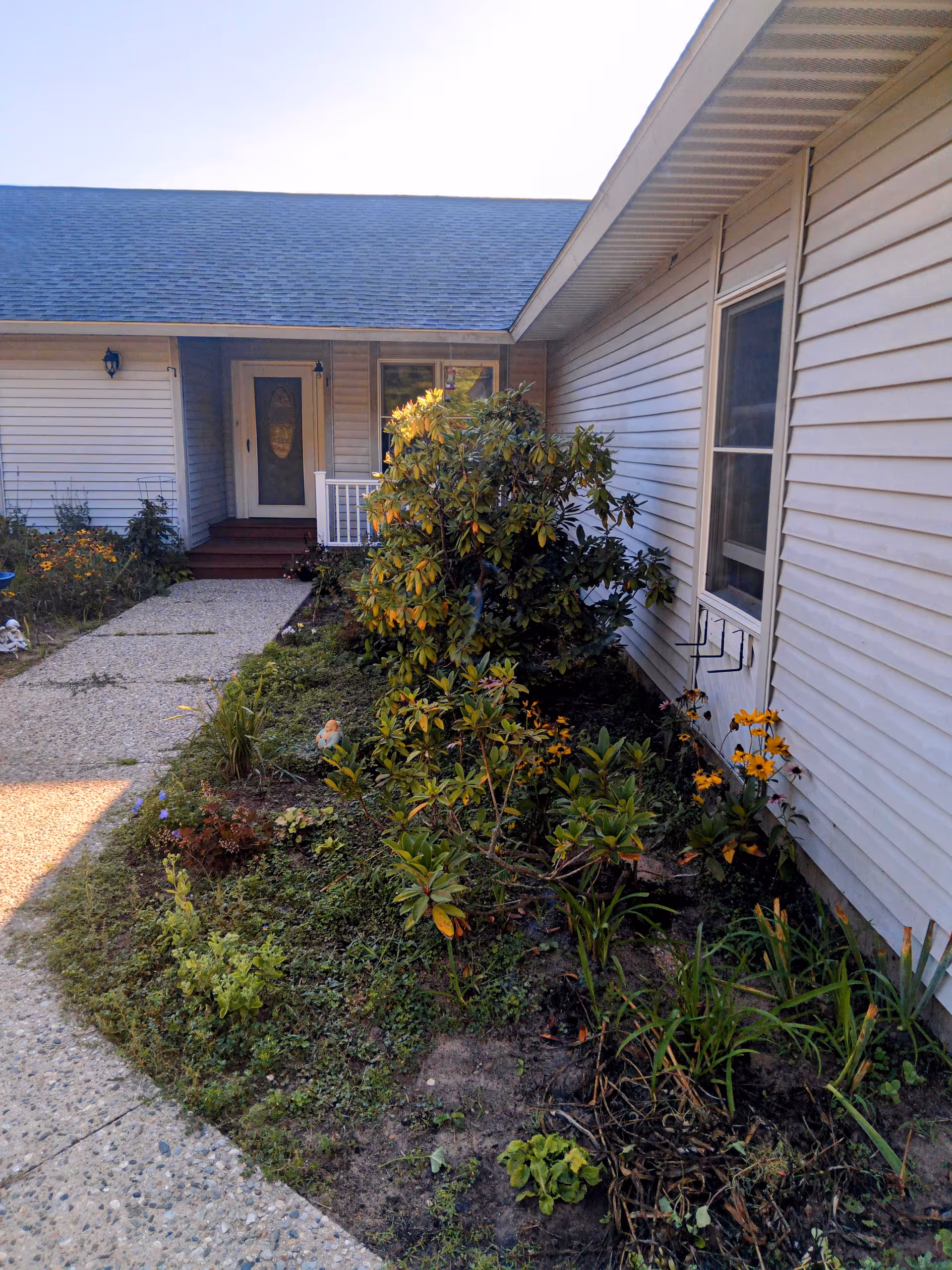 Entrance of a single-story building with vinyl siding, a paved walkway, and a garden bed with shrubs and flowers leading to a front door.