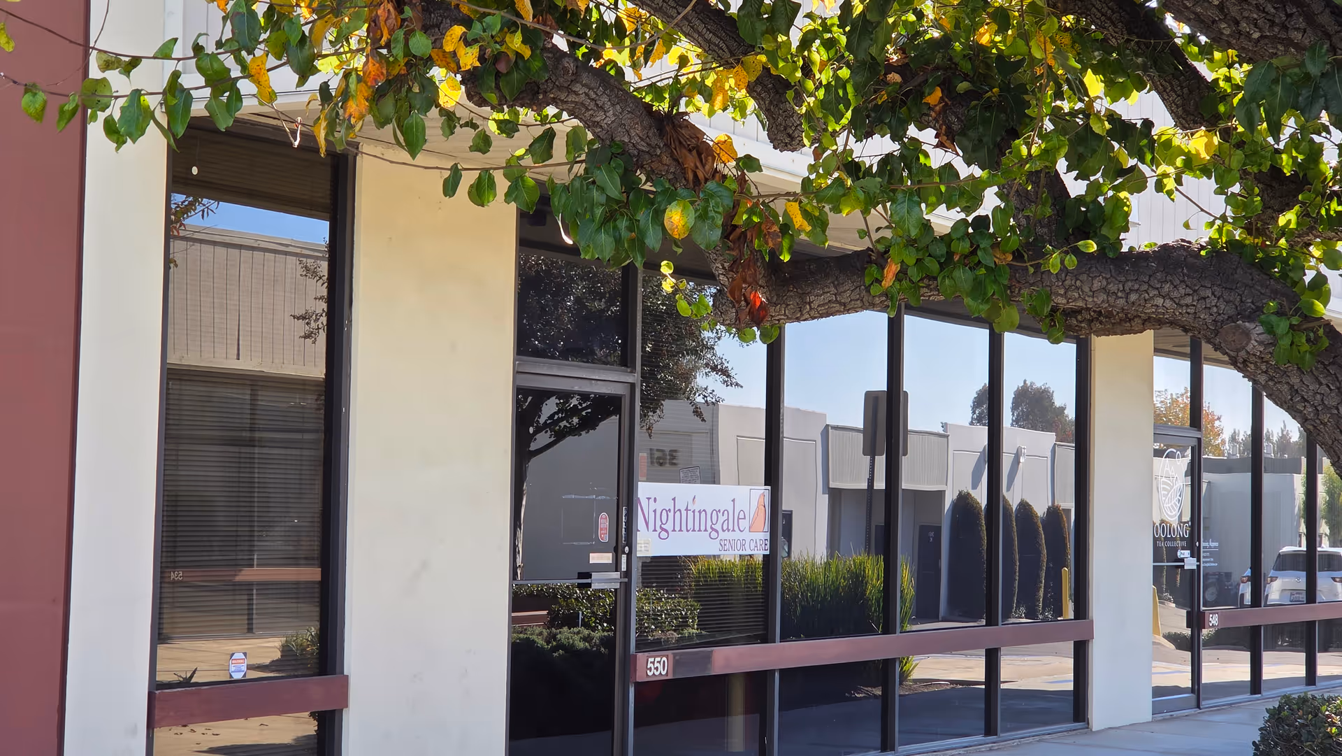 Exterior view of Nightingale Senior Care building with glass storefront and tree branches overhead.