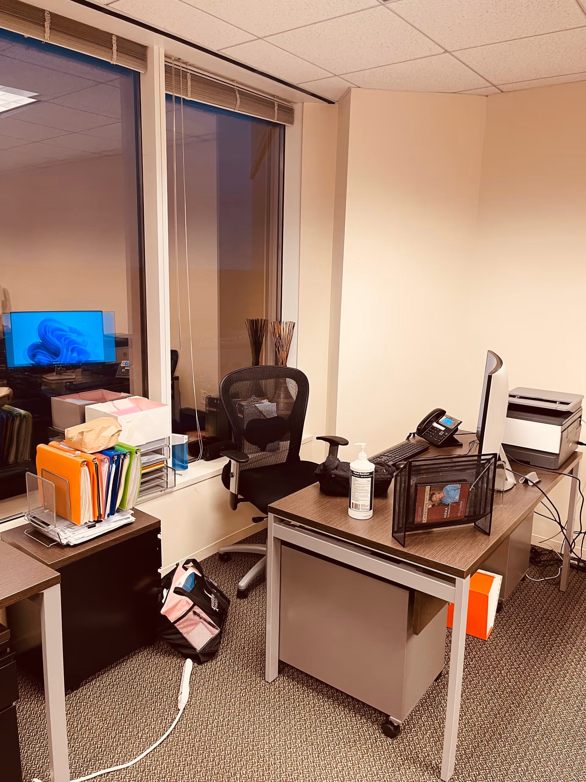 An office workspace with desks, a computer, files, printer, and sanitizer visible.