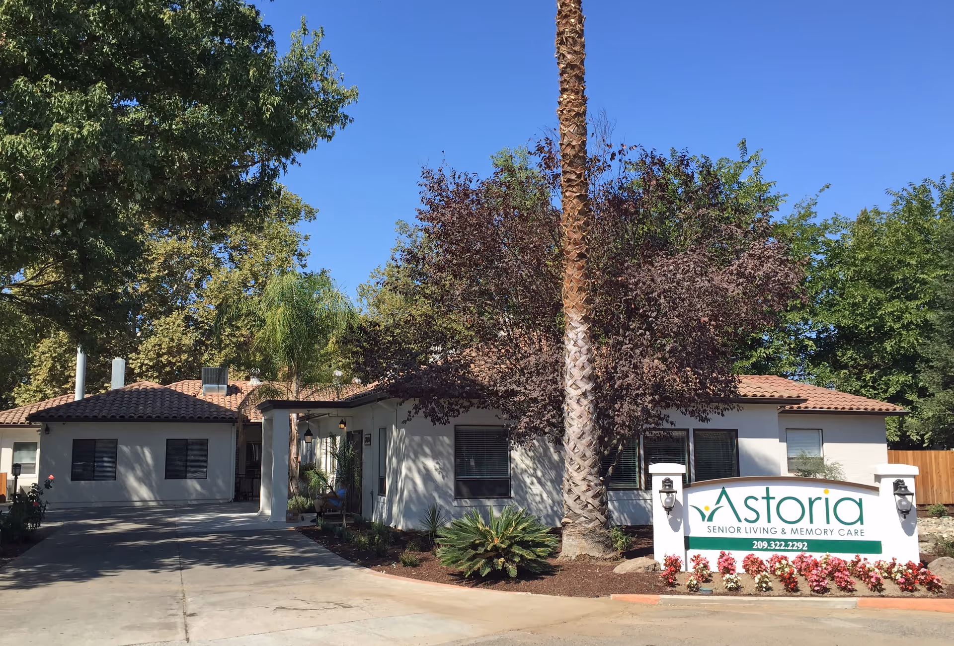 Single-story Astoria Senior Living building front with a large palm tree, landscaped plants, and an entrance sign.